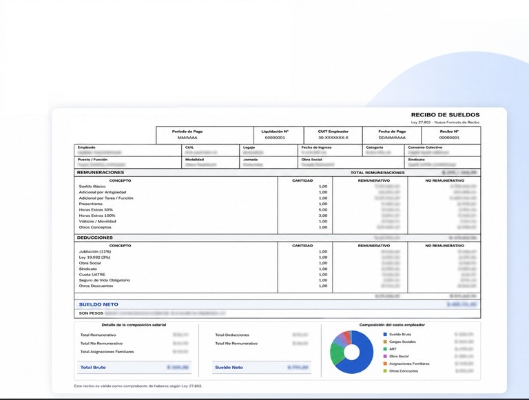 Vista previa ilustrativa de recibo de sueldo con datos protegidos